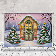 Lofaris Snowy Wild Field Pine Trees House Christmas Backdrop