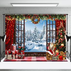 Lofaris Snowy Window Red Gifts Toy Bear Christmas Backdrop