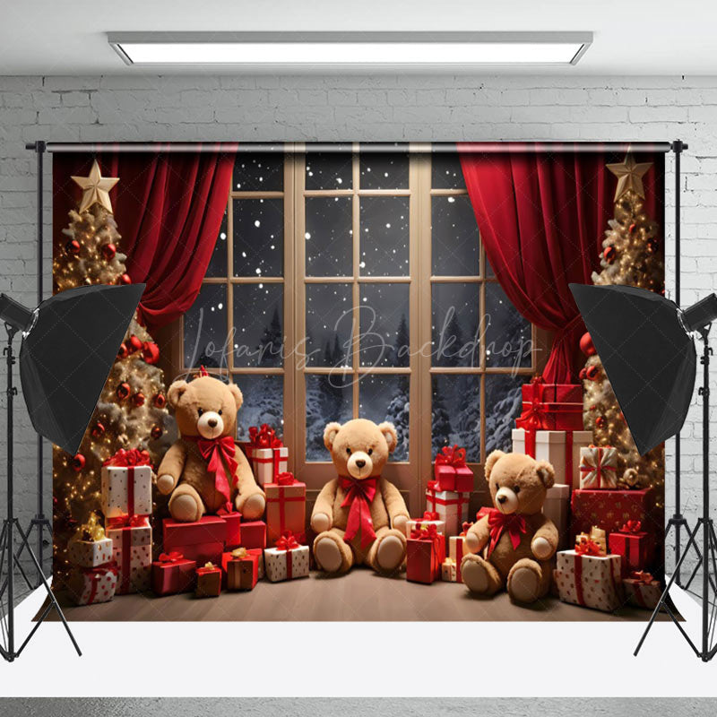 Lofaris Snowy Window Scene Bears Merry Christmas Backdrop