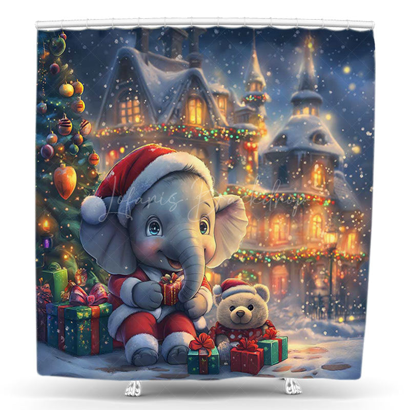 Lofaris Snowy Winter Town Elephant Christmas Shower Curtain