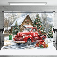 Lofaris Snowy Winter Wild Road Red Truck Christmas Backdrop