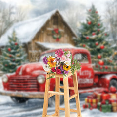 Lofaris Snowy Winter Wild Road Red Truck Christmas Backdrop