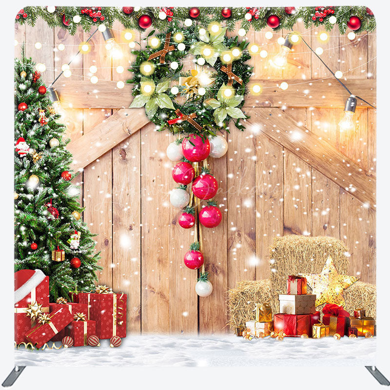 Lofaris Snowy Wood Barn Door Christmas Pillow Case Backdrop