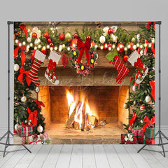 Lofaris Snowy Wood Door Fireplace Christmas Room Set Backdrop