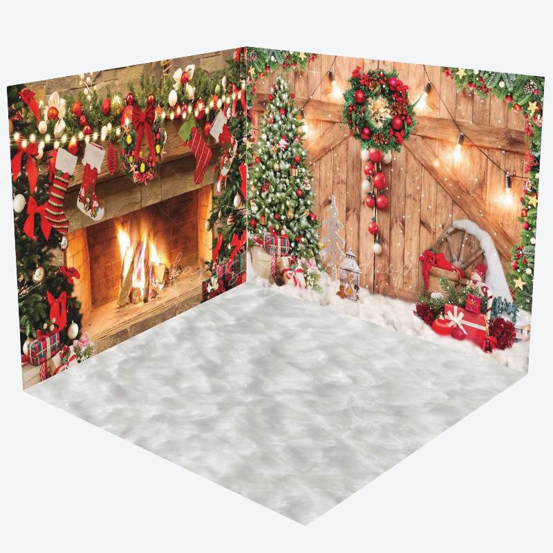 Lofaris Snowy Wood Door Fireplace Christmas Room Set Backdrop