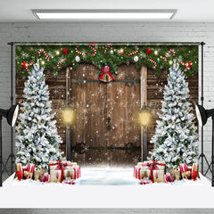 Lofaris Snowy Wood Door Scene Xmas Trees Christmas Backdrop