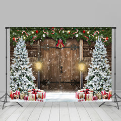 Lofaris Snowy Wood Door Scene Xmas Trees Christmas Backdrop