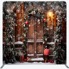 Lofaris Snowy Wooden Door Light Winter Tension Fabric Backdrop