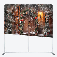 Lofaris Snowy Wooden Door Light Winter Tension Fabric Backdrop