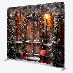 Lofaris Snowy Wooden Door Light Winter Tension Fabric Backdrop