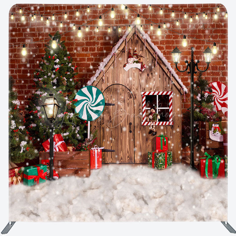 Lofaris Snowy Wooden House Bricks Christmas Tree Backdrop