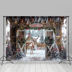 Lofaris Snowy Wooden Reindeer Lane Christmas Vibe Backdrop