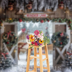 Lofaris Snowy Wooden Reindeer Lane Christmas Vibe Backdrop