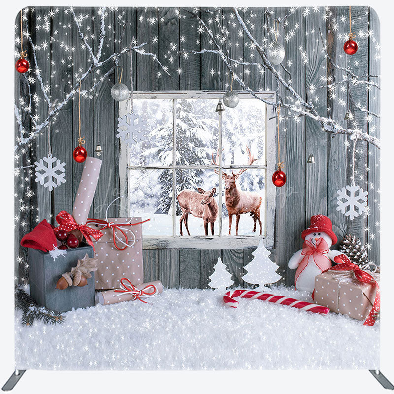 Lofaris Snowy Wooden Window Elk Merry Christmas Backdrop