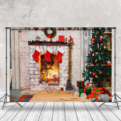 Lofaris Socks Fireplace White Brick Wall Christmas Backdrop