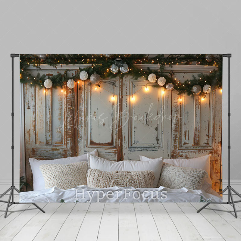 Lofaris Soft White Bed Retro Wooden Wall Christmas Backdrop