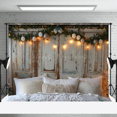 Lofaris Soft White Bed Retro Wooden Wall Christmas Backdrop