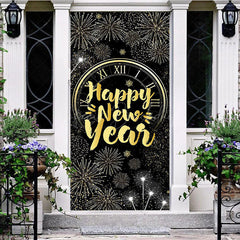 Lofaris Sparkle Black Gold Clock Happy New Year Door Cover