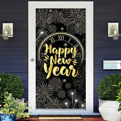 Lofaris Sparkle Black Gold Clock Happy New Year Door Cover