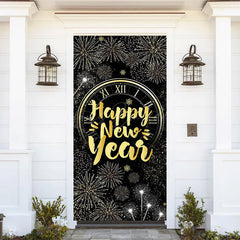 Lofaris Sparkle Black Gold Clock Happy New Year Door Cover