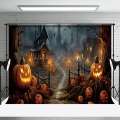 Lofaris Spooky Halloween Lane Carved Pumpkin Bat Backdrop