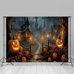 Lofaris Spooky Halloween Lane Carved Pumpkin Bat Backdrop