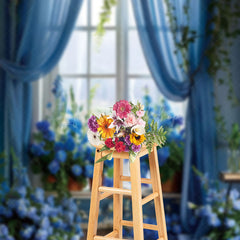 Lofaris Spring Blue Floral Curtain Window Scene Backdrop