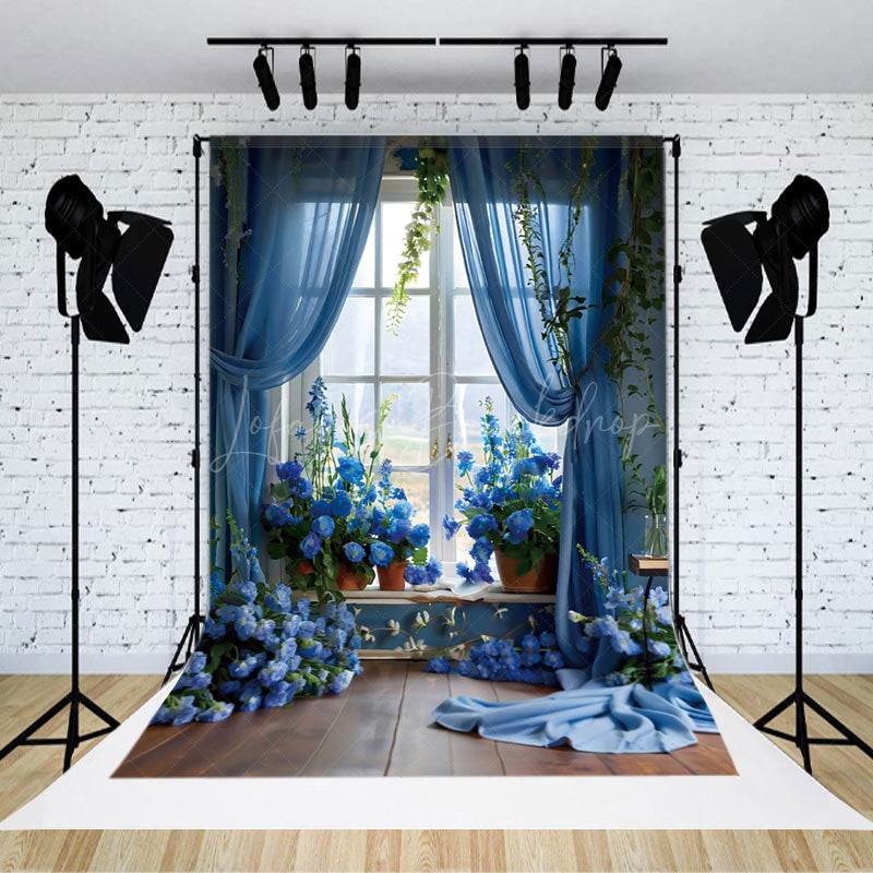 Lofaris Spring Blue Floral Curtain Window Scene Backdrop