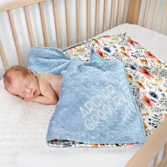 Lofaris Spring Blue Pink Floral Leaves Minky Baby Blanket