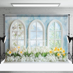 Lofaris Spring Blue Window Wall Floral Photography Backdrop