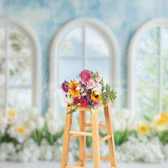 Lofaris Spring Blue Window Wall Floral Photography Backdrop