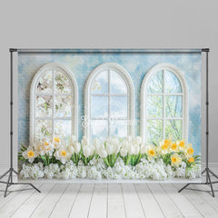 Lofaris Spring Blue Window Wall Floral Photography Backdrop