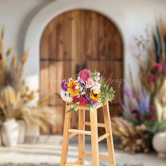 Lofaris Spring Boho Floral Retro Wooden Door Photo Backdrop