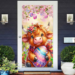 Lofaris Spring Color Floral Brown Cow Eggs Easter Door Cover