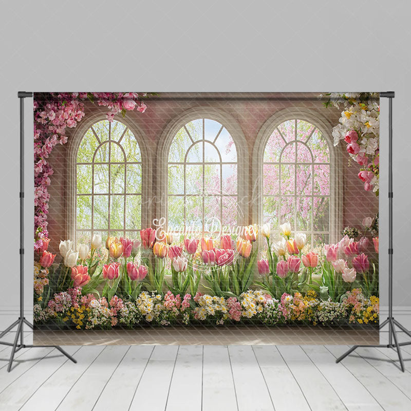 Lofaris Spring Colorful Floral Window Scene Photo Backdrop