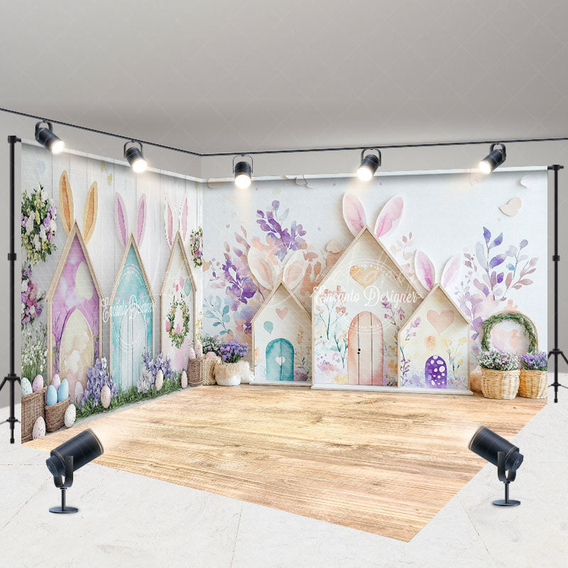 Lofaris Spring Colorful Rabbit Hutch Easter Room Set Backdrop