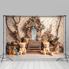 Lofaris Spring Floral Bear Wood House Cake Smash Backdrop