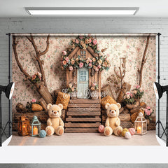 Lofaris Spring Floral Bear Wood House Cake Smash Backdrop