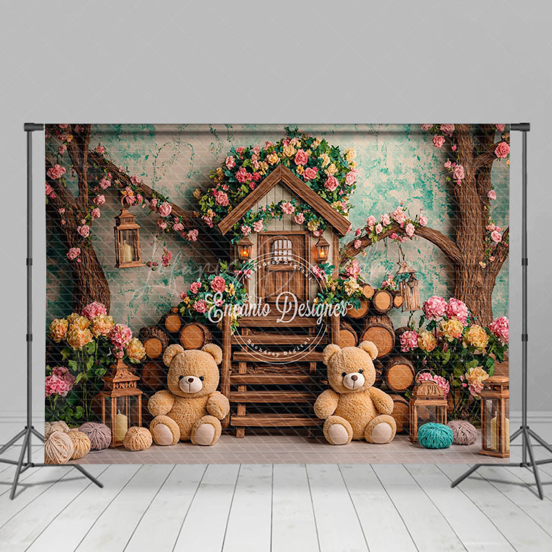 Lofaris Spring Floral Tree House Bear Cake Smash Backdrop