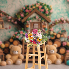 Lofaris Spring Floral Tree House Bear Cake Smash Backdrop