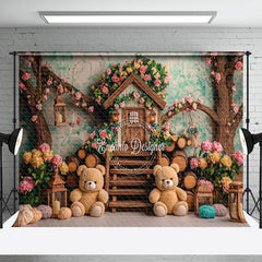 Lofaris Spring Floral Tree House Bear Cake Smash Backdrop