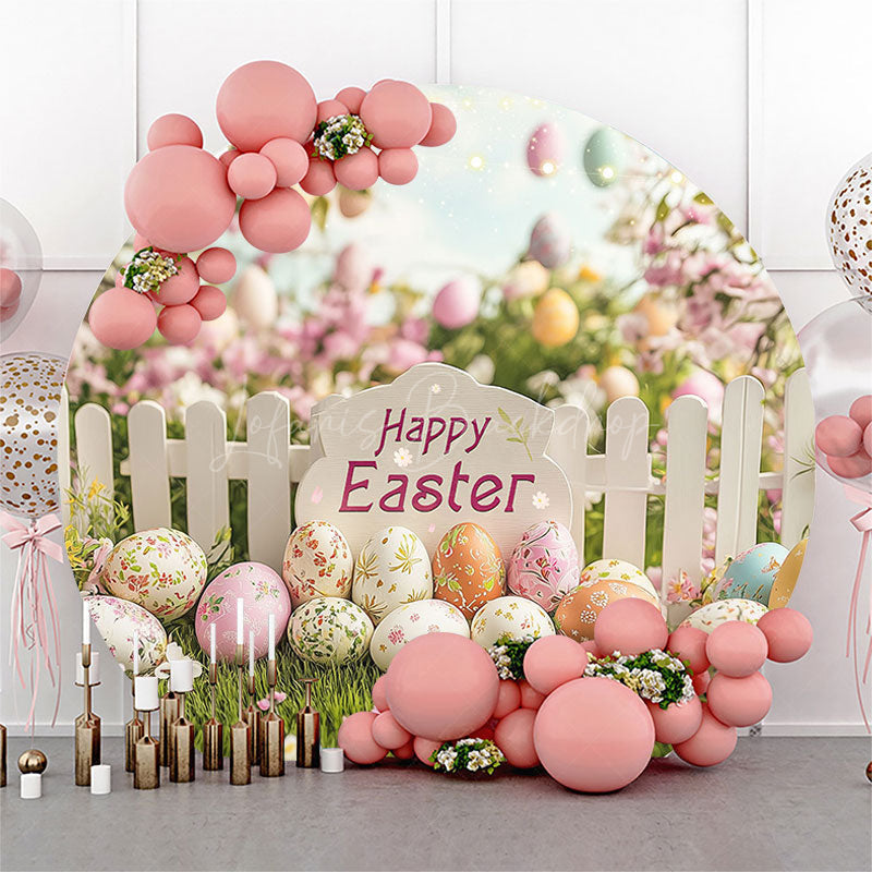 Lofaris Spring Garden Fence Eggs Floral Round Easter Backdrop