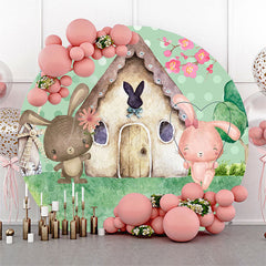 Lofaris Spring Green Dot Rabbit Cabin Round Birthday Backdrop