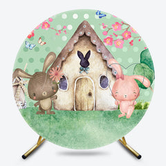 Lofaris Spring Green Dot Rabbit Cabin Round Birthday Backdrop