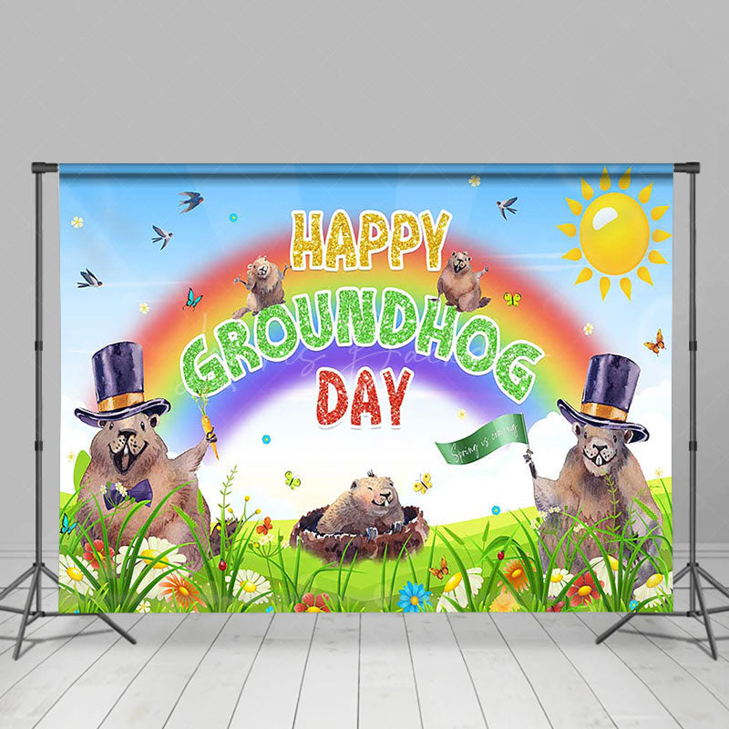 Lofaris Spring Green Grassland Happy Groundhog Day Backdrop