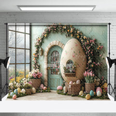 Lofaris Spring Green House Floral Eggs Easter Photo Backdrop