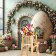 Lofaris Spring Green House Floral Eggs Easter Photo Backdrop