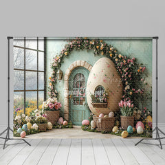 Lofaris Spring Green House Floral Eggs Easter Photo Backdrop