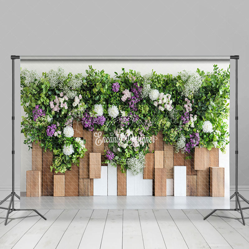 Lofaris Spring Greenery Floral Wooden Wall Photo Backdrop