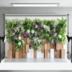 Lofaris Spring Greenery Floral Wooden Wall Photo Backdrop